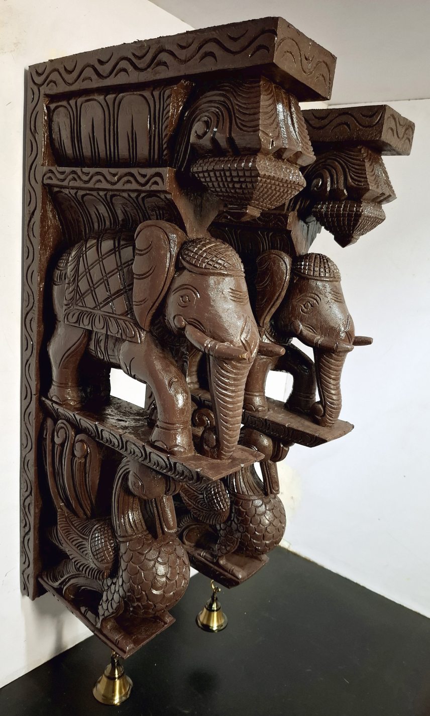 24 Inch Large Wooden Elephant and Bird Wall Corbel Pair – Handcrafted Vintage Style Door and Entrance Brackets by JLine Arts