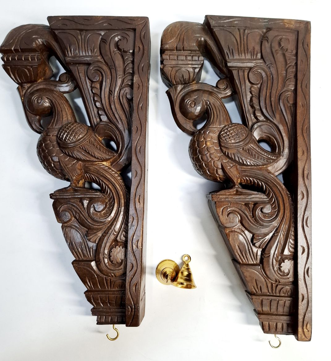 wooden peacock wall corbel pair