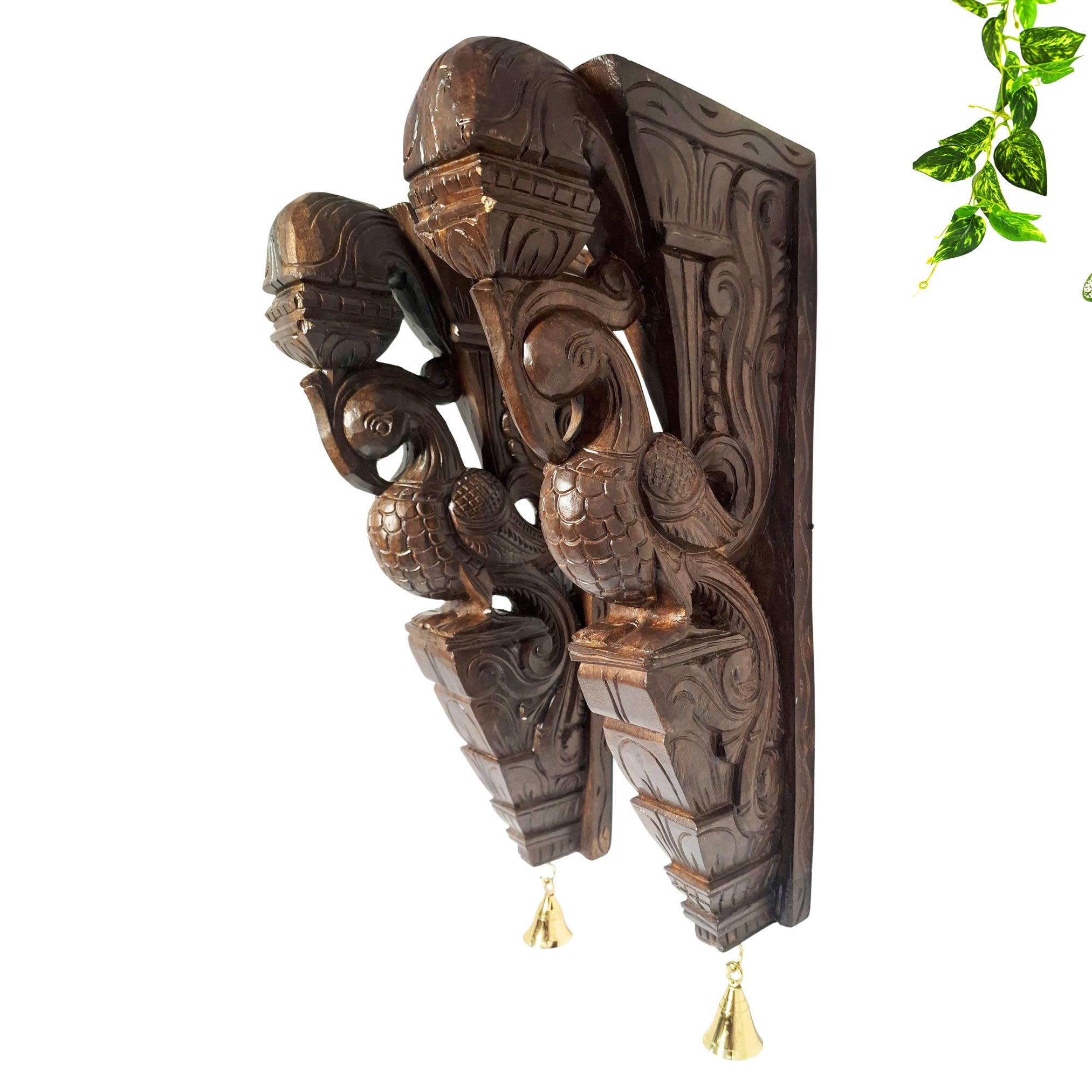 Hand carved wooden peacock wall brackets set of 2 with brass bells South Indian temple decor