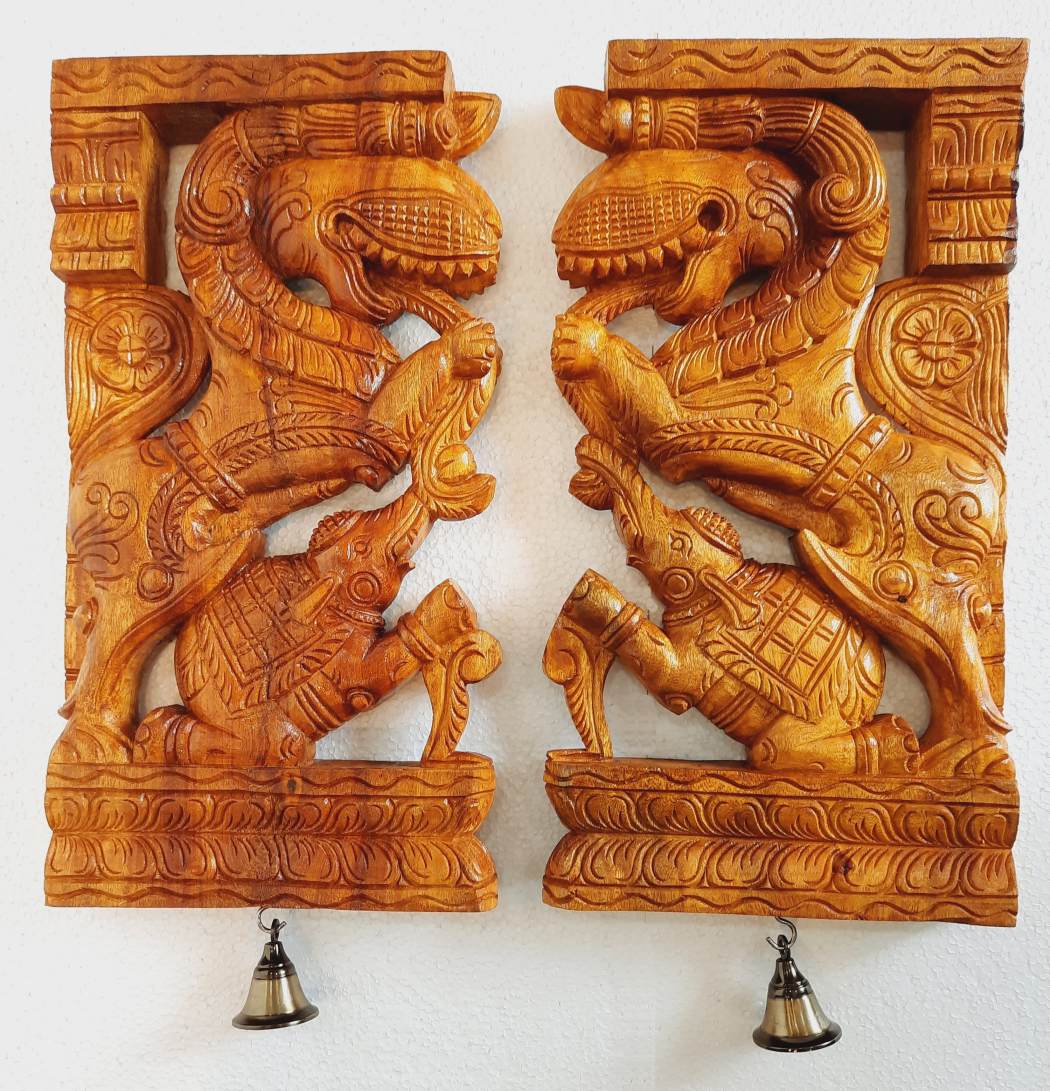Wooden Yali Statue with Elephant Pair