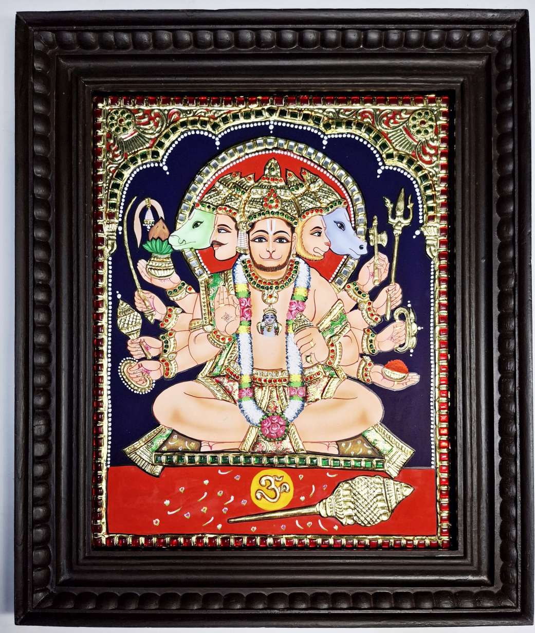 Handmade Panchmukhi Hanuman Tanjore painting 18x15 inch with 22K gold foil, Jaipur stones, and teakwood fibre glass frame, traditional Thanjavur art