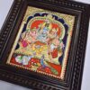 Tanjore Painting Shiva Parivar with Teakwood Frame 15"x13", 22K Gold Foils, Crystal Rhinestones, Pooja Room, Gifts Size, Ready to Ship