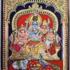 Tanjore Painting Shiva Parivar with Teakwood Frame 15"x13", 22K Gold Foils, Crystal Rhinestones, Pooja Room, Gifts Size, Ready to Ship