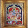 Tanjore Painting Shiva Parivar with Teakwood Frame 15"x13", 22K Gold Foils, Crystal Rhinestones, Pooja Room, Gifts Size, Ready to Ship