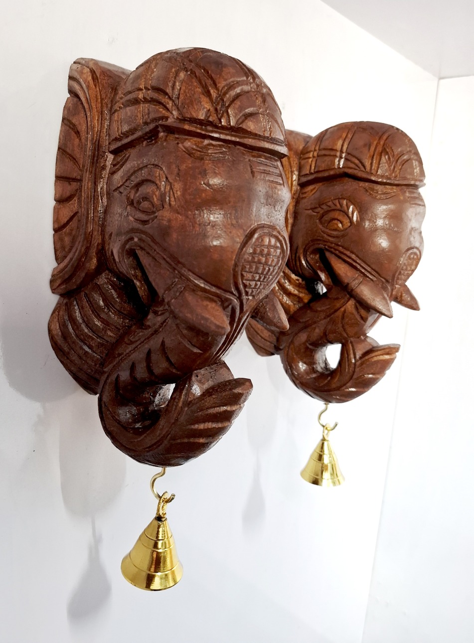 JLine Arts Elephant Head Wooden Wall Bracket Pair, handmade solid wood corbels with brass bells, antique finish, 9 Inch home entrance and living room décor.”