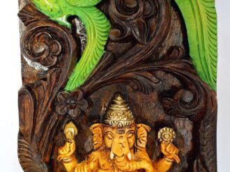 The Wood Ganesh Statue Wall Hanging is a vibrant wooden panel featuring Ganesha, the elephant-headed deity, seated and holding objects. He is framed by an ornate arch and flanked by two birds, perfect as Hindu Temple Decor or Pooja Home Decoration. Ready to ship.