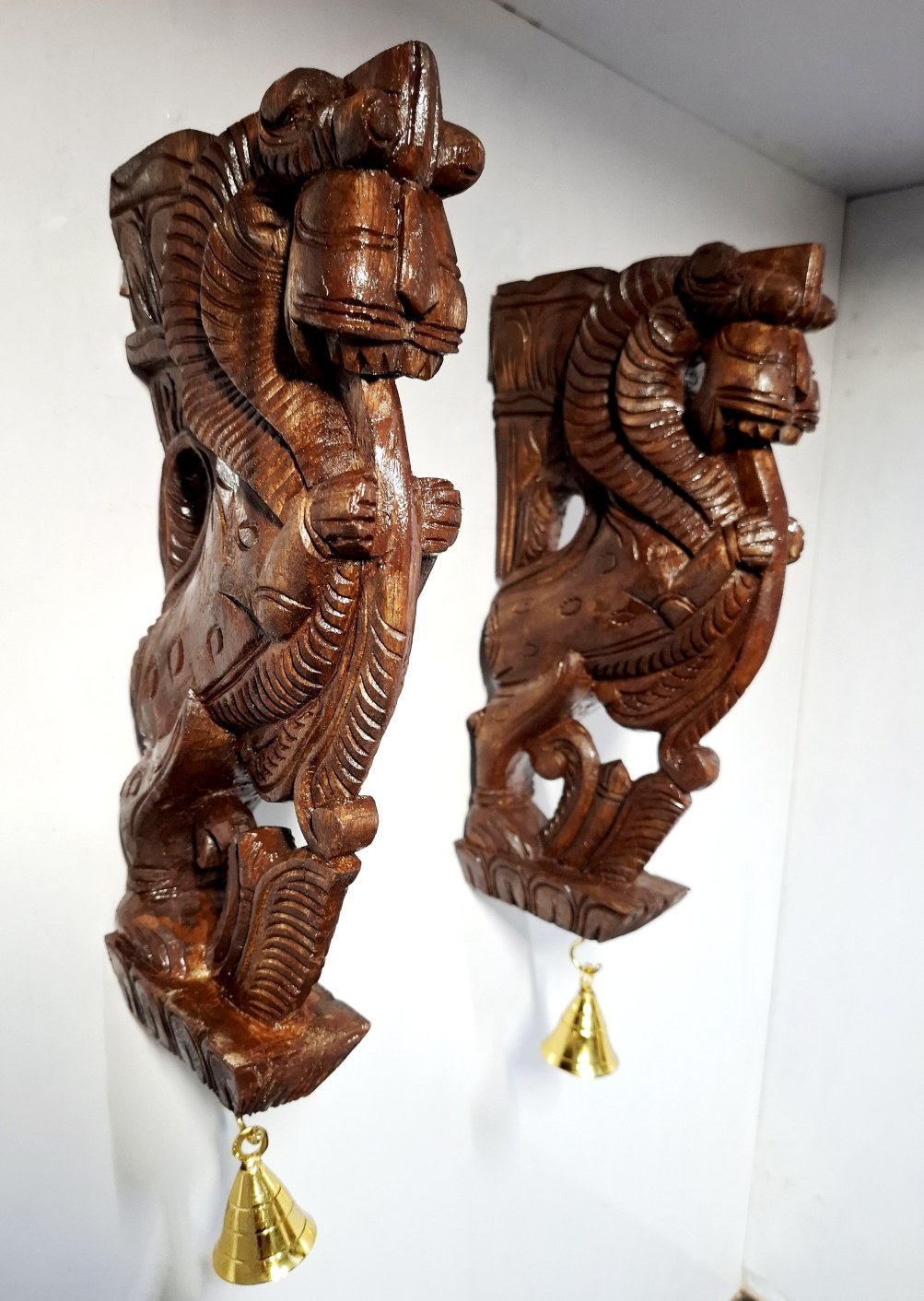 Handmade Wooden Yali Wall Bracket Pair 12 Inch Antique Brown Finish with Brass Bells