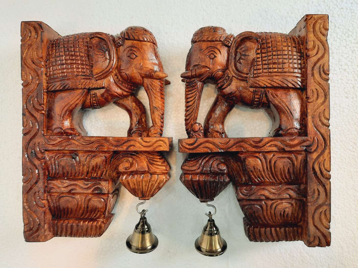 Wooden Elephant with Peacock Wall Bracket Pair