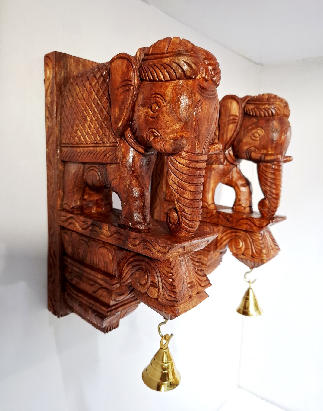 12 inch wooden elephant wall bracket pair brown finish with brass bells hand-carved corbels