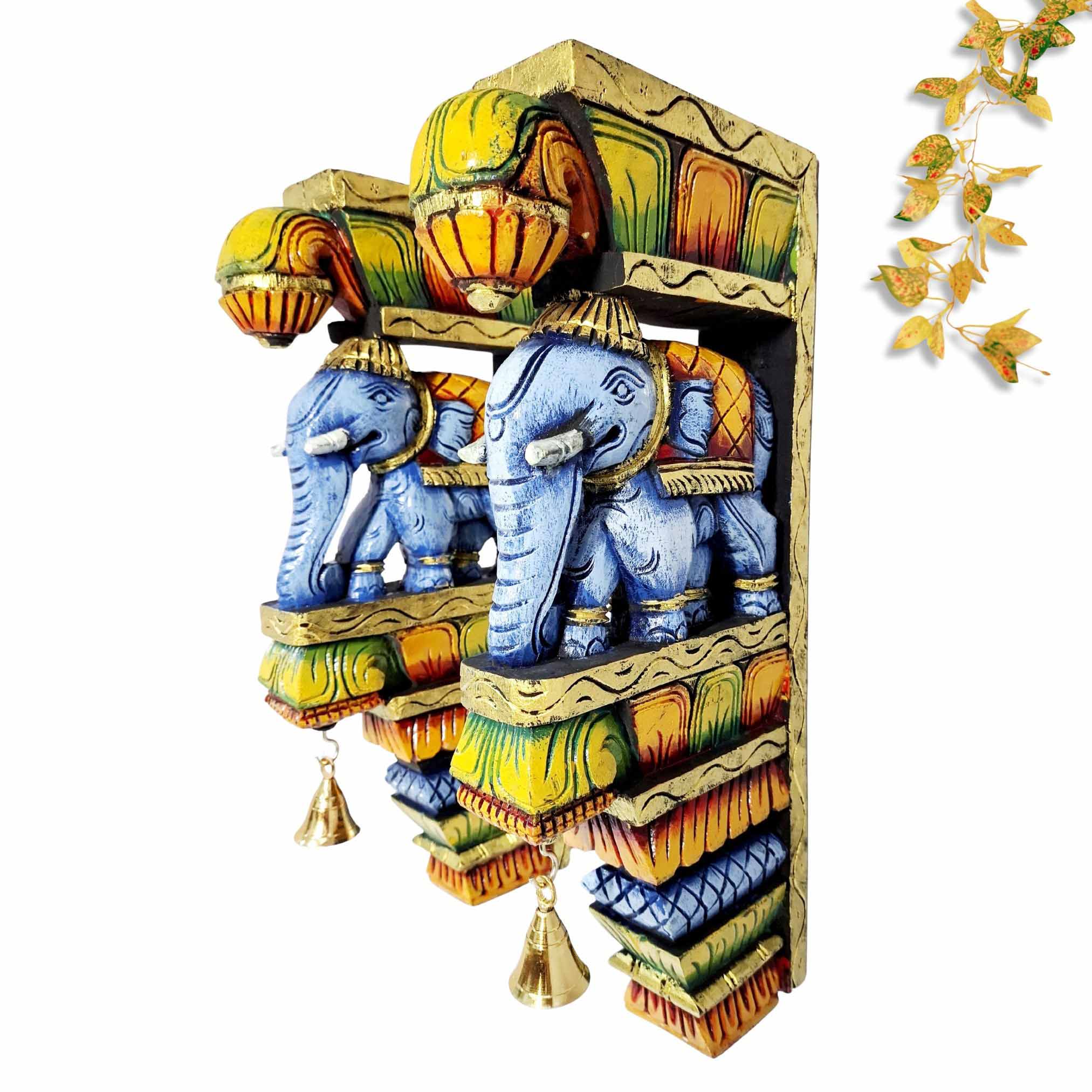 Hand carved multicolor wooden elephant wall bracket pair 18 inches South Indian temple style corbels for home decor USA UK Europe Australia Singapore Malaysia
