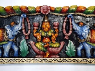 36 Inch Multicolor Wooden Gajalakshmi Wall Panel – South Indian Handmade Main Door Temple Décor