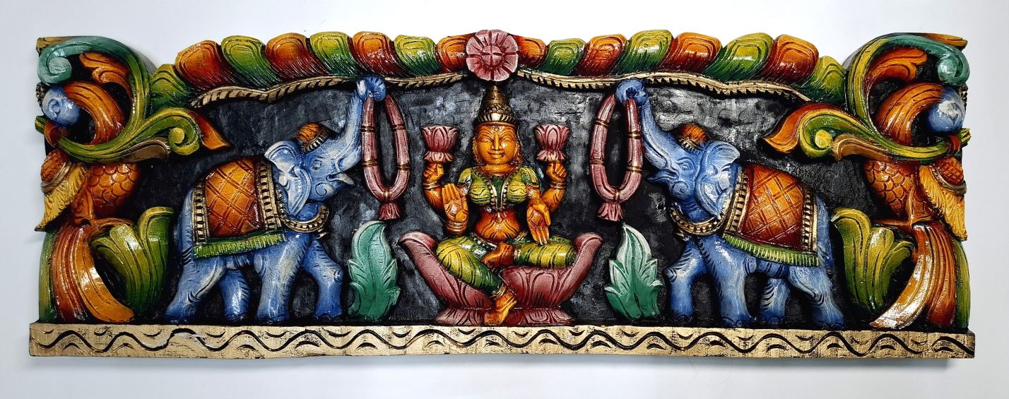 36 Inch Multicolor Wooden Gajalakshmi Wall Panel – South Indian Handmade Main Door Temple Décor