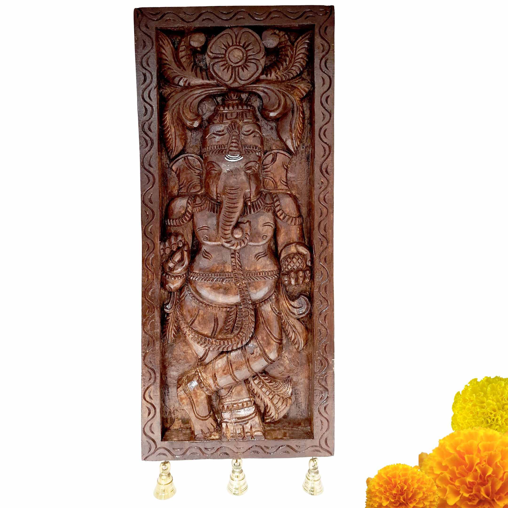 Hand-carved Lord Ganesha wooden wall panel solid country wood temple decor 24 inch