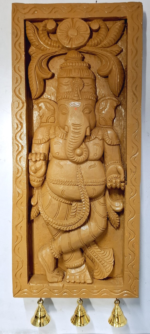 24 Inch Handmade Wooden Ganesha Wall Panel – Hindu Deity Wall Sculpture for Home, Temple or Garden Décor