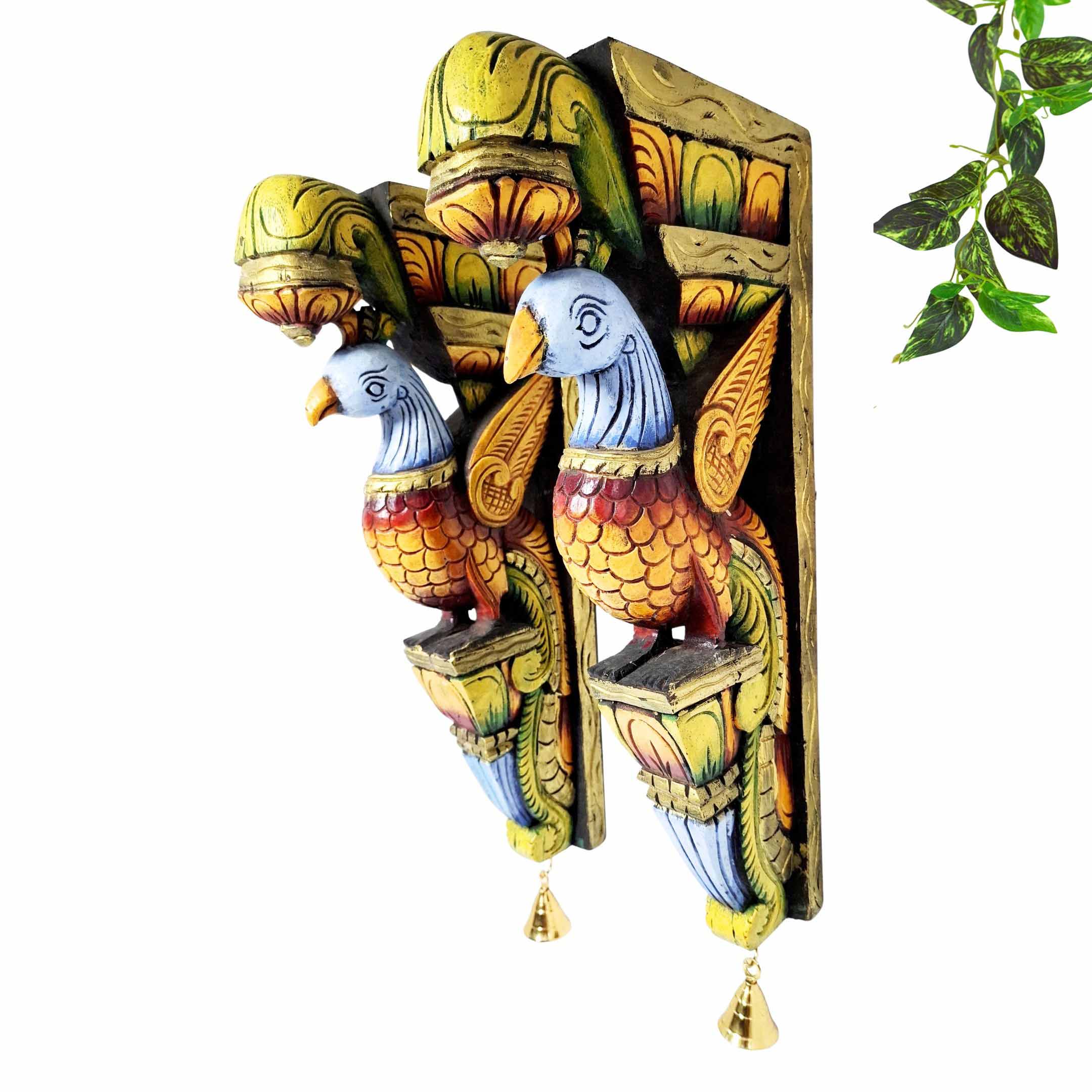 Hand-carved multicolor peacock wall brackets set of 2 with brass bells temple decor
