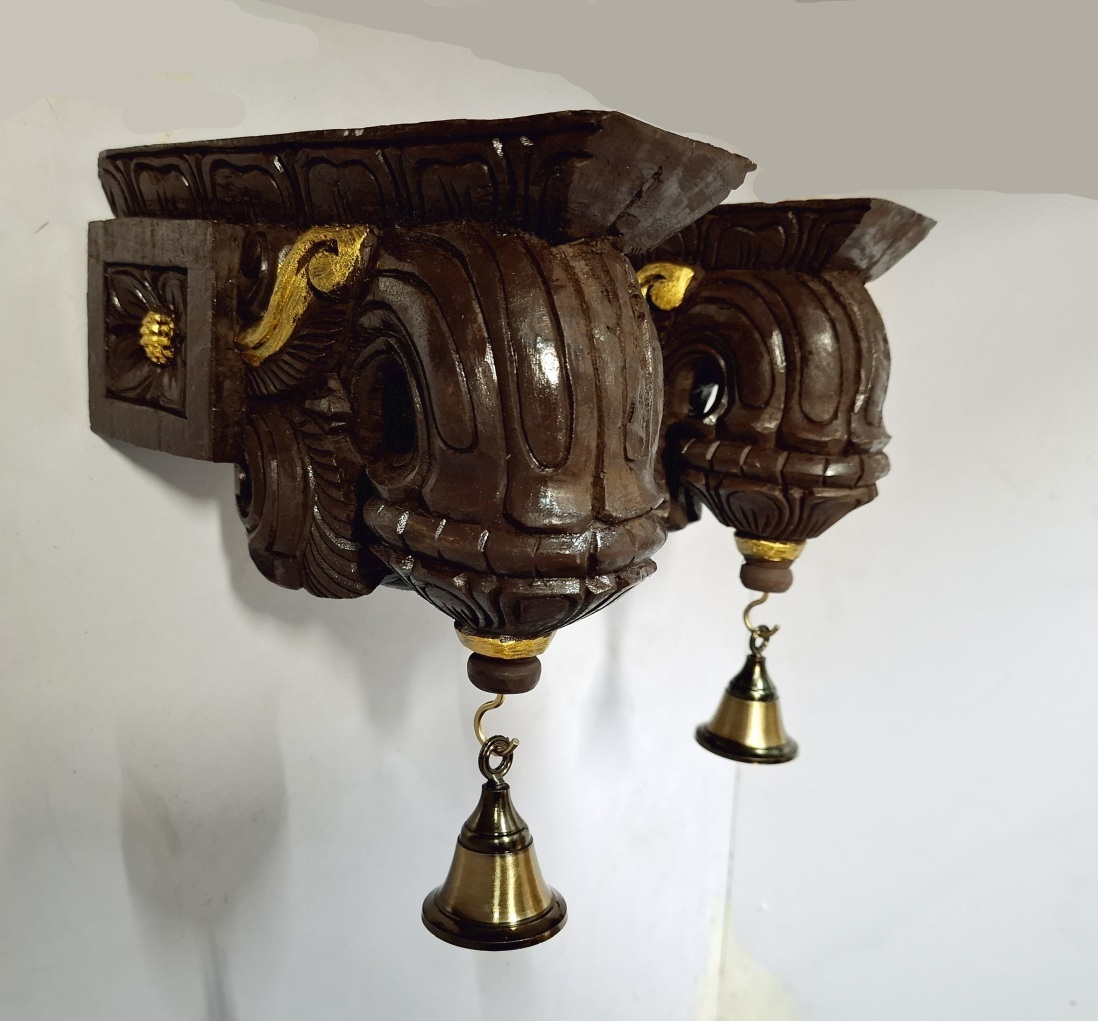 Handmade 9 Inch Wooden Bodhil Wall Bracket Pair with Brass Bells – Vintage Entrance Wall Décor