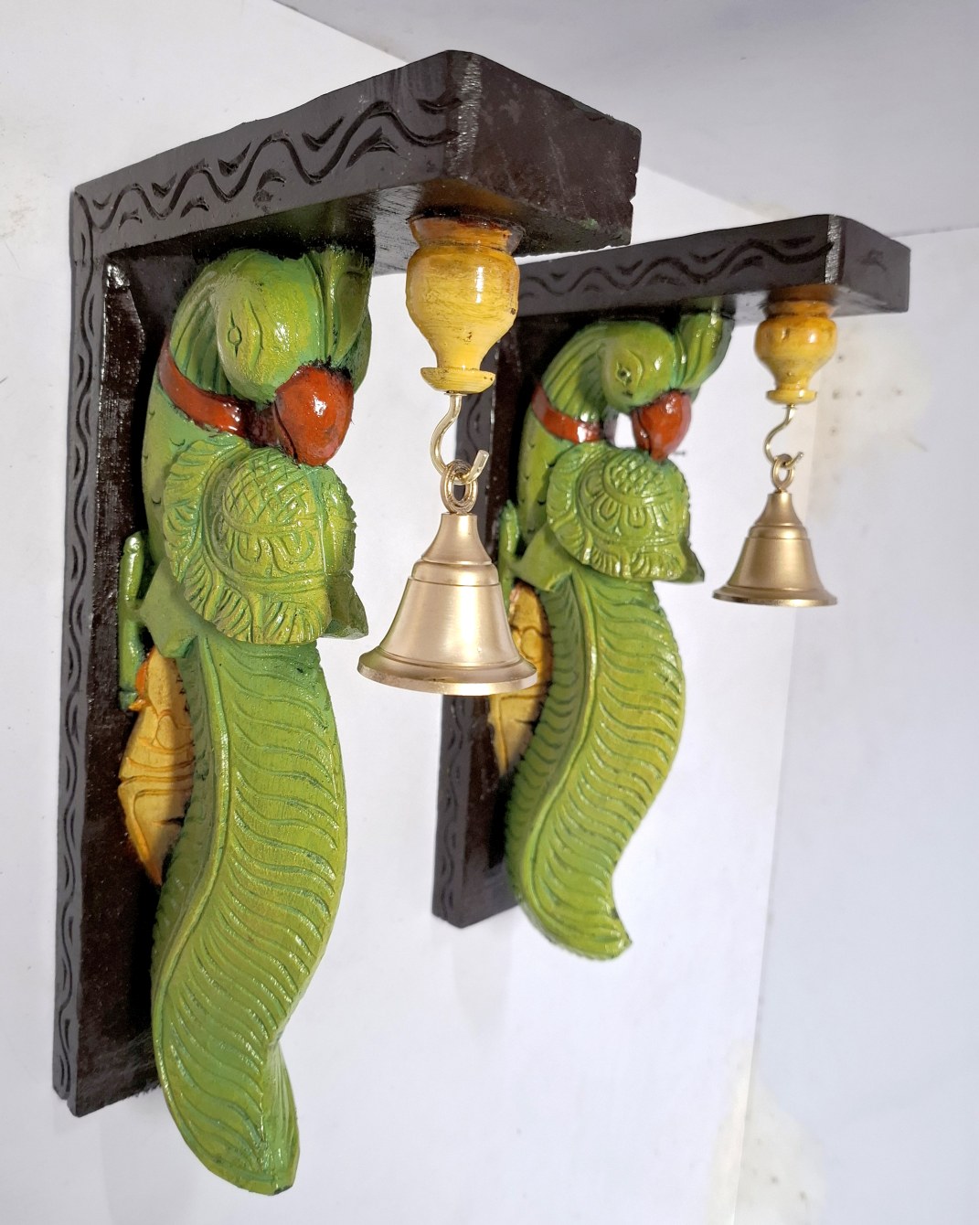 Hand-carved wooden parrot wall bracket pair with multicolor finish and brass bells – 13-inch set of 2.