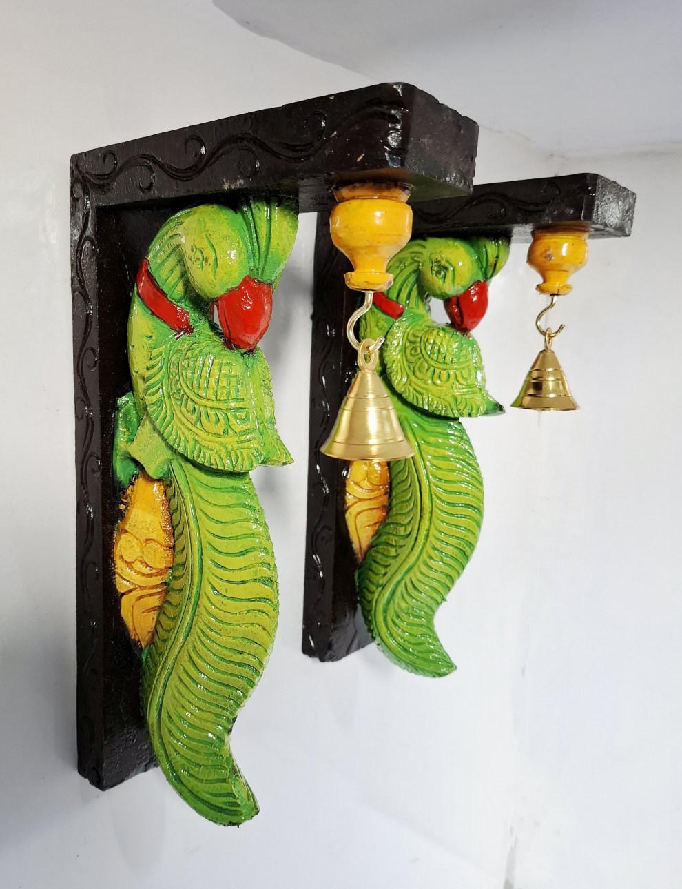 Wooden Parrot Wall Bracket Pair 13 Inch – Hand-Carved Multicolor South Indian Corbels with Brass Bells