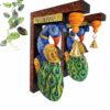 Hand-carved peacock wall brackets set of 2 with brass bells multicolor mahogany wood