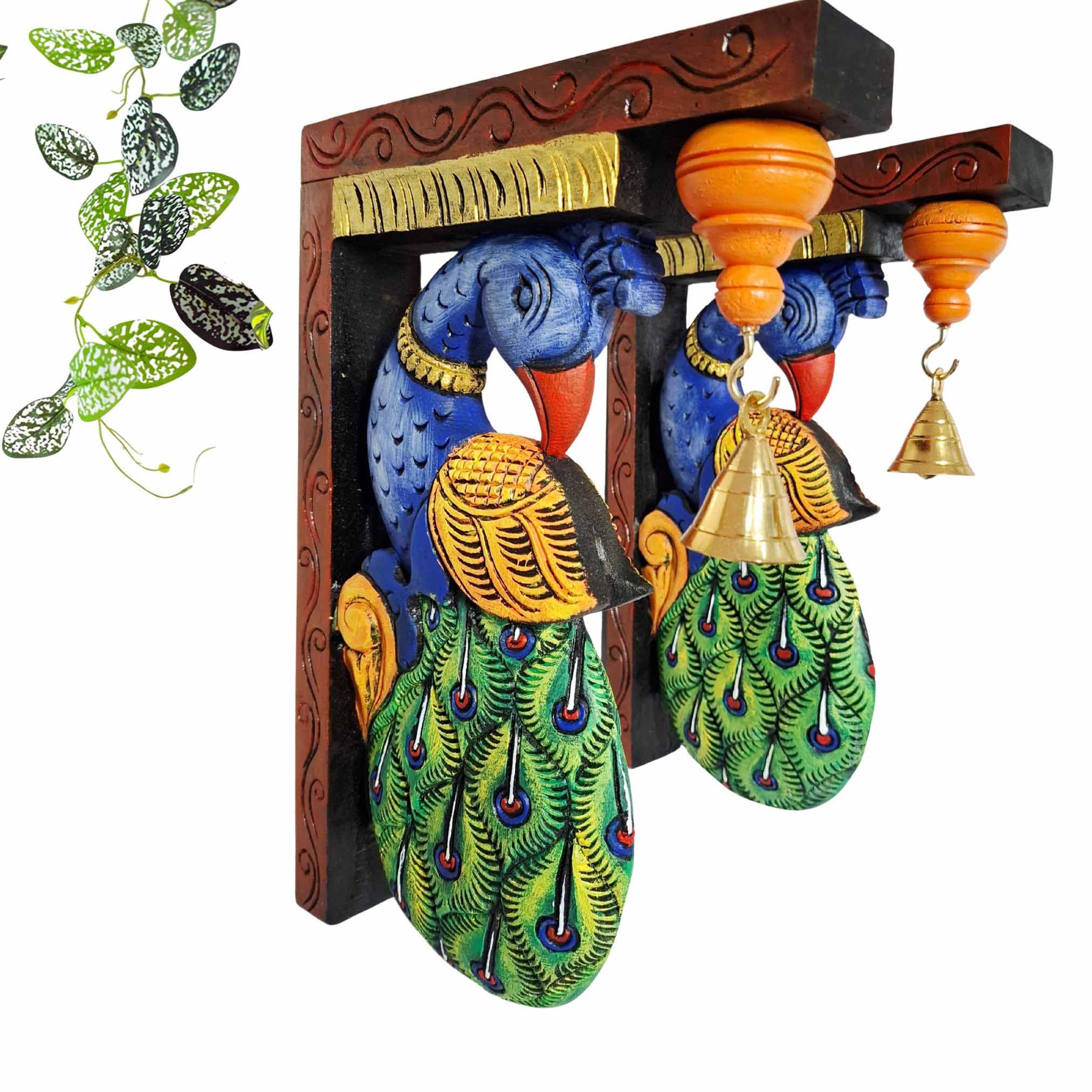 Hand-carved peacock wall brackets set of 2 with brass bells multicolor mahogany wood
