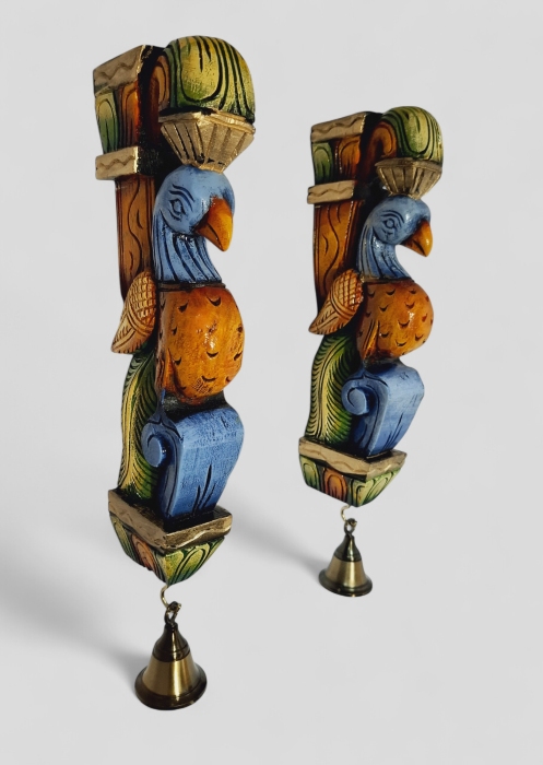 Handmade wooden peacock wall bracket pair with brass bells – 12 inch multicolor corbels for door entrance and home decor