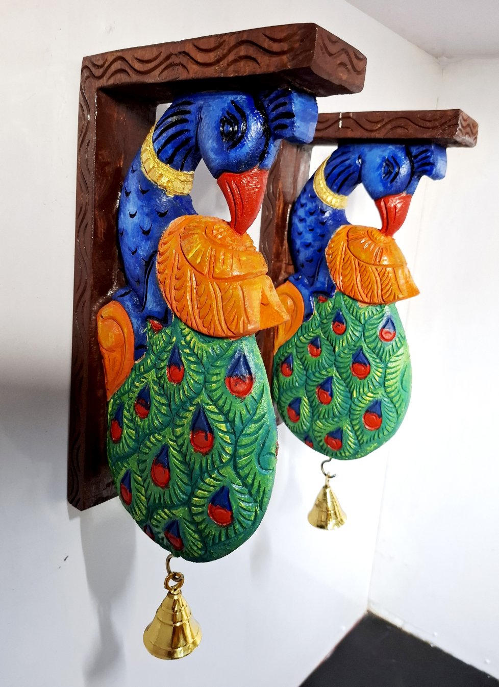 Wooden Peacock Wall Bracket Pair 12 Inch Hand Carved Corbels with Brass Bells Multicolor Finish for Home Entrance and Pooja Room Décor