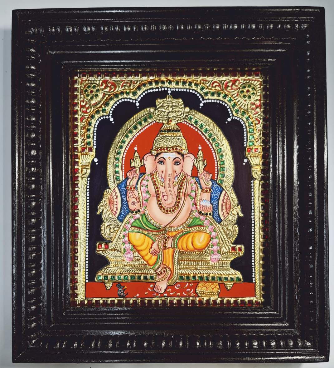 15x13 inch Ganesha Tanjore Painting with 22K gold foil and teakwood frame – traditional Indian spiritual artwork for gifting or home decor.