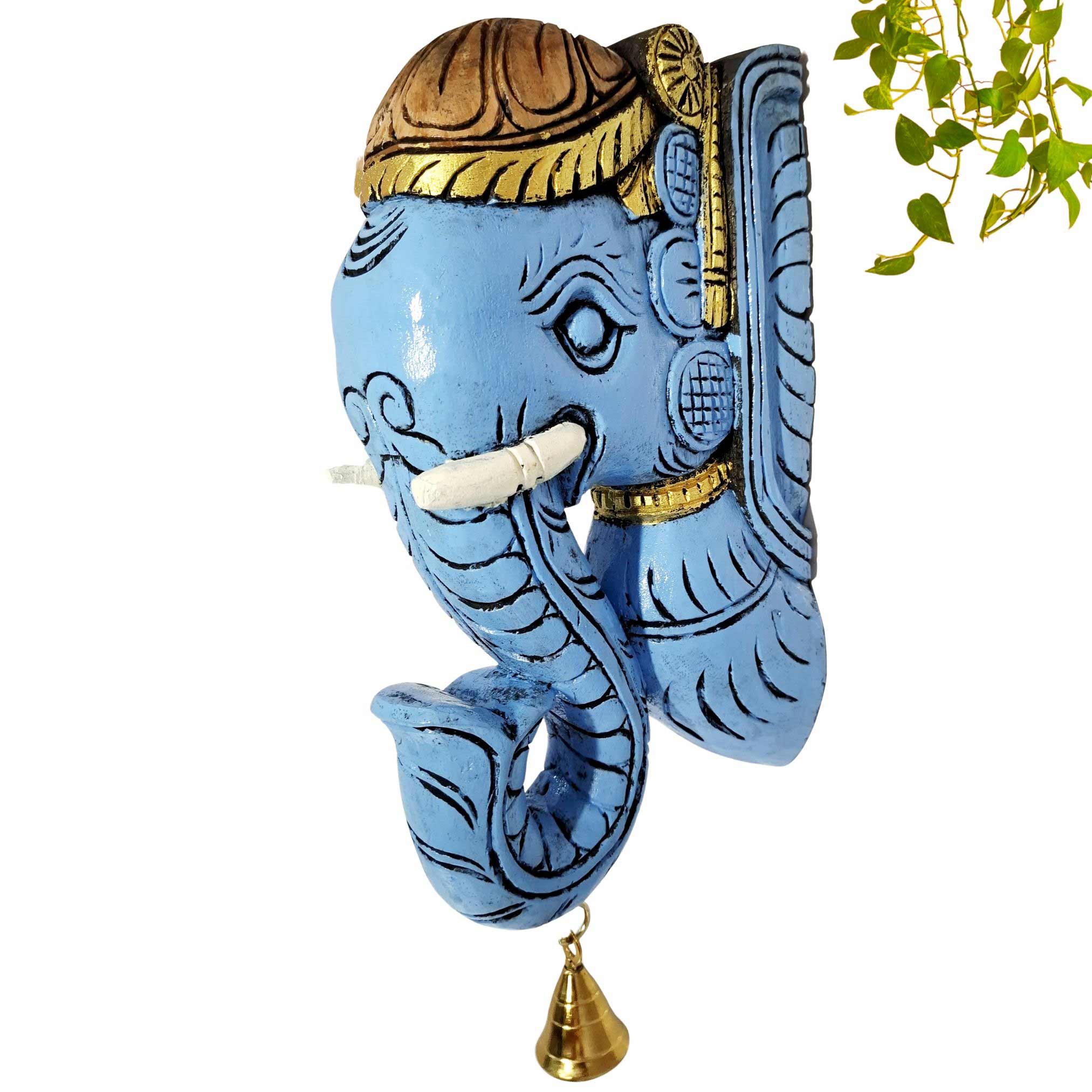 Hand-carved wooden elephant head wall bracket with brass bell, brown finish pooja room and home wall decor.