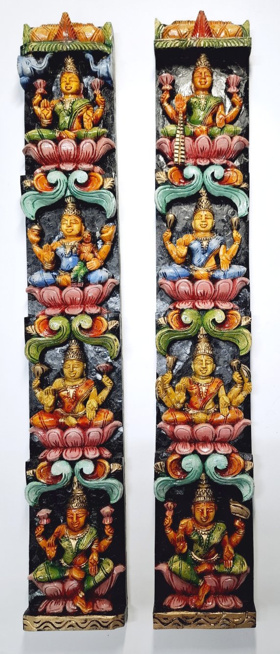 36 Inch Wooden Ashta Lakshmi Wall Panel Pair – Multicolor Vertical Sculpture of 8 Forms of Laxmi for Temple & Home Decor