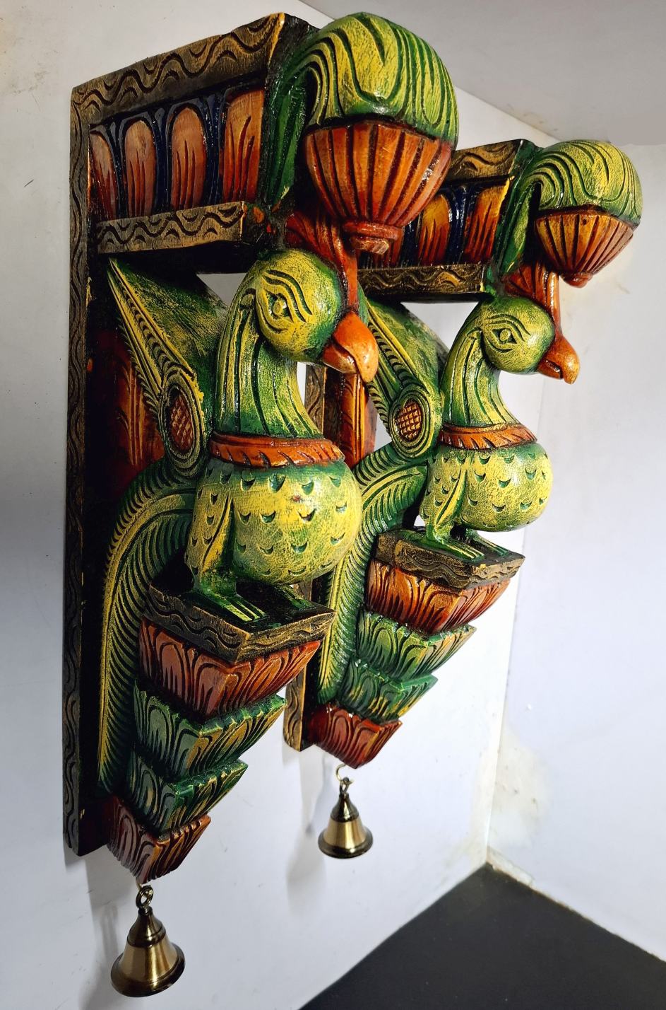 Handmade 18 Inch Wooden Peacock Bird Wall Bracket Pair – Vintage Style Wall Corbel for Entrance or Living Room Décor