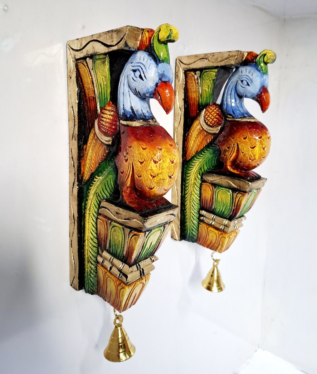 Wooden Peacock Wall Bracket Pair 12 Inch – Multicolor Hand-Carved Corbels with Brass Bells