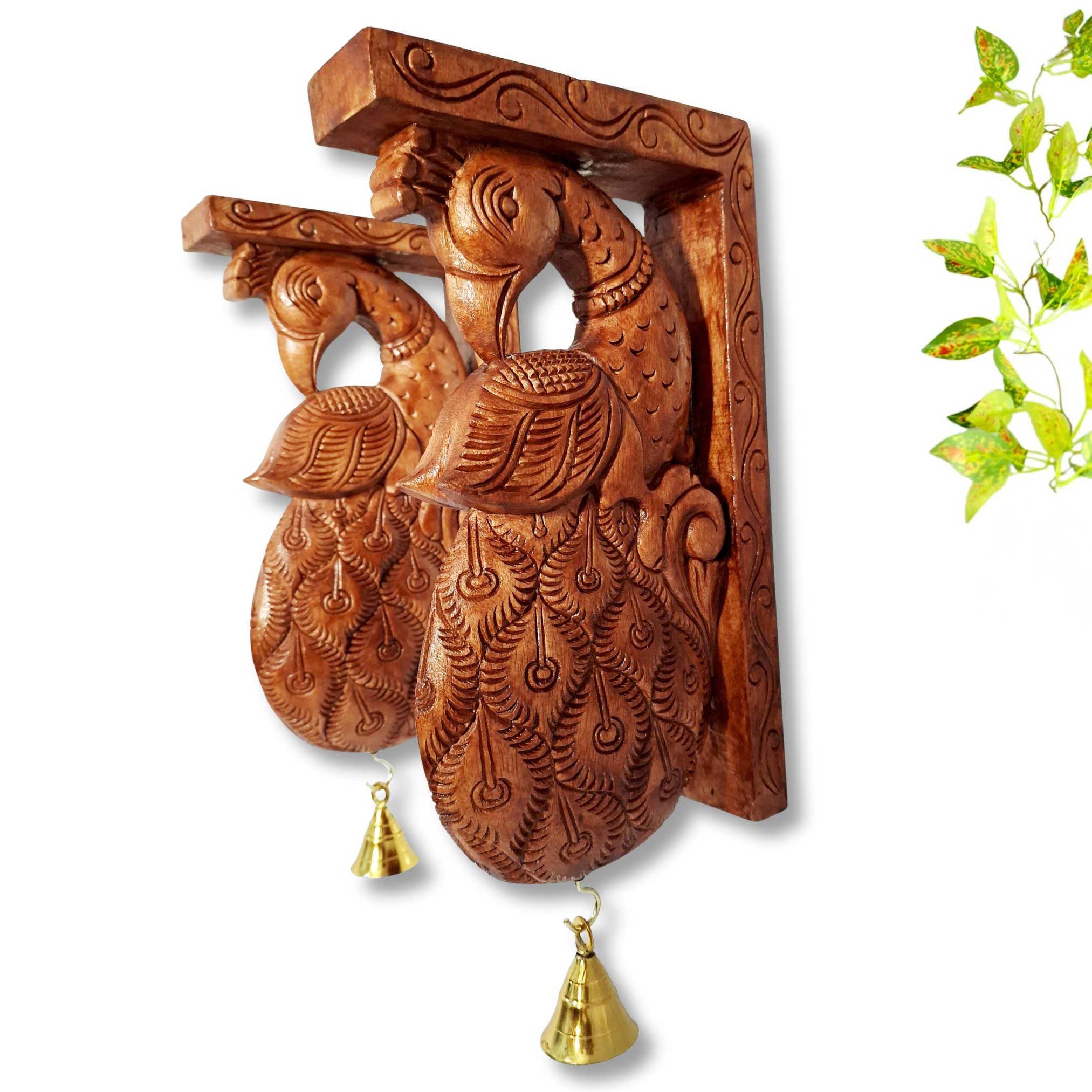 Handcrafted Wooden Peacock Wall Bracket Pair | 12 Inch Brown Finish Solid Wood with Brass Bells | Traditional Indian Wall Hanging for Pooja Room & Living Room