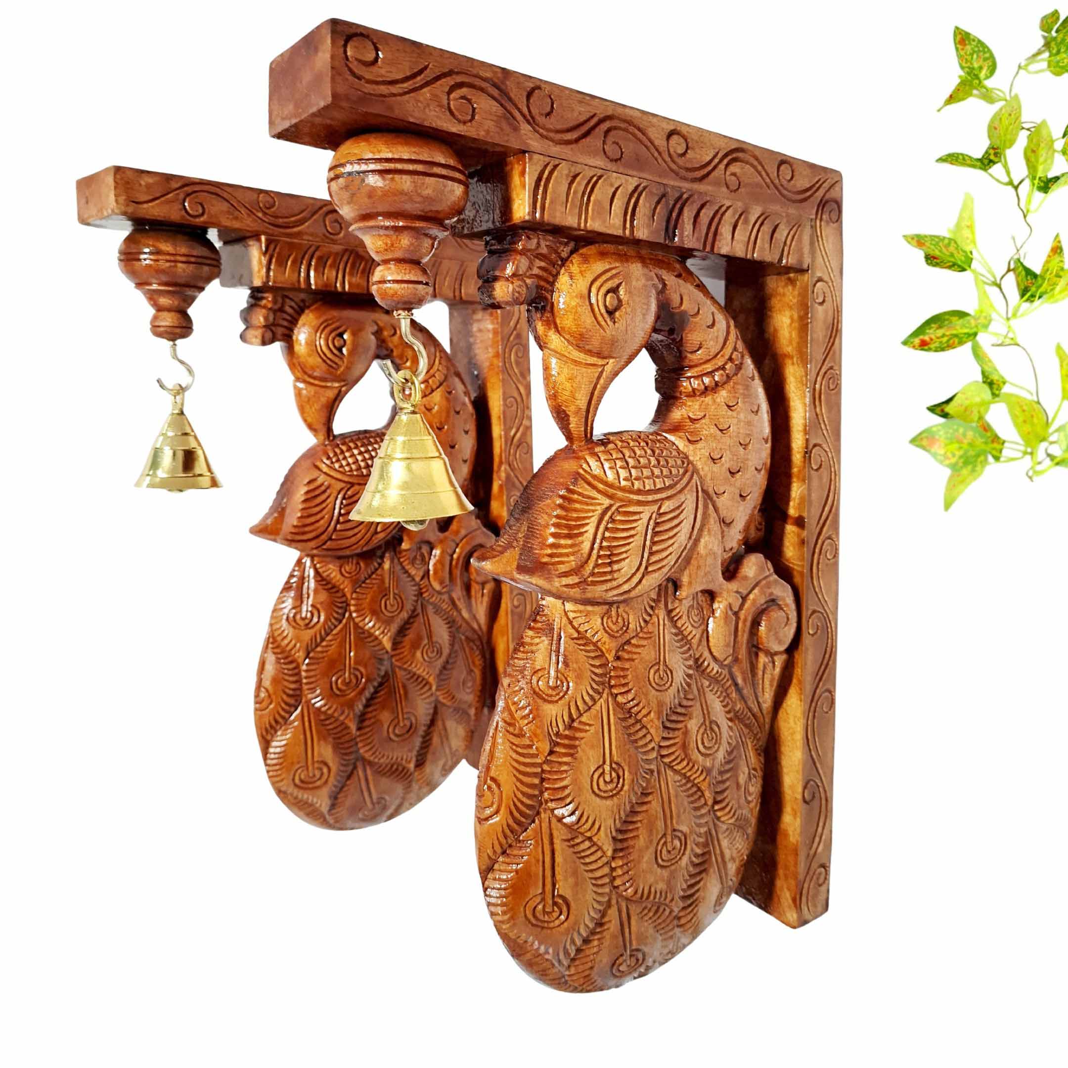 Handcrafted Wooden Peacock Wall Bracket Pair | 12 Inch Brown Finish Solid Wood with Brass Bells | Traditional Indian Wall Hanging for Pooja Room & Living Room