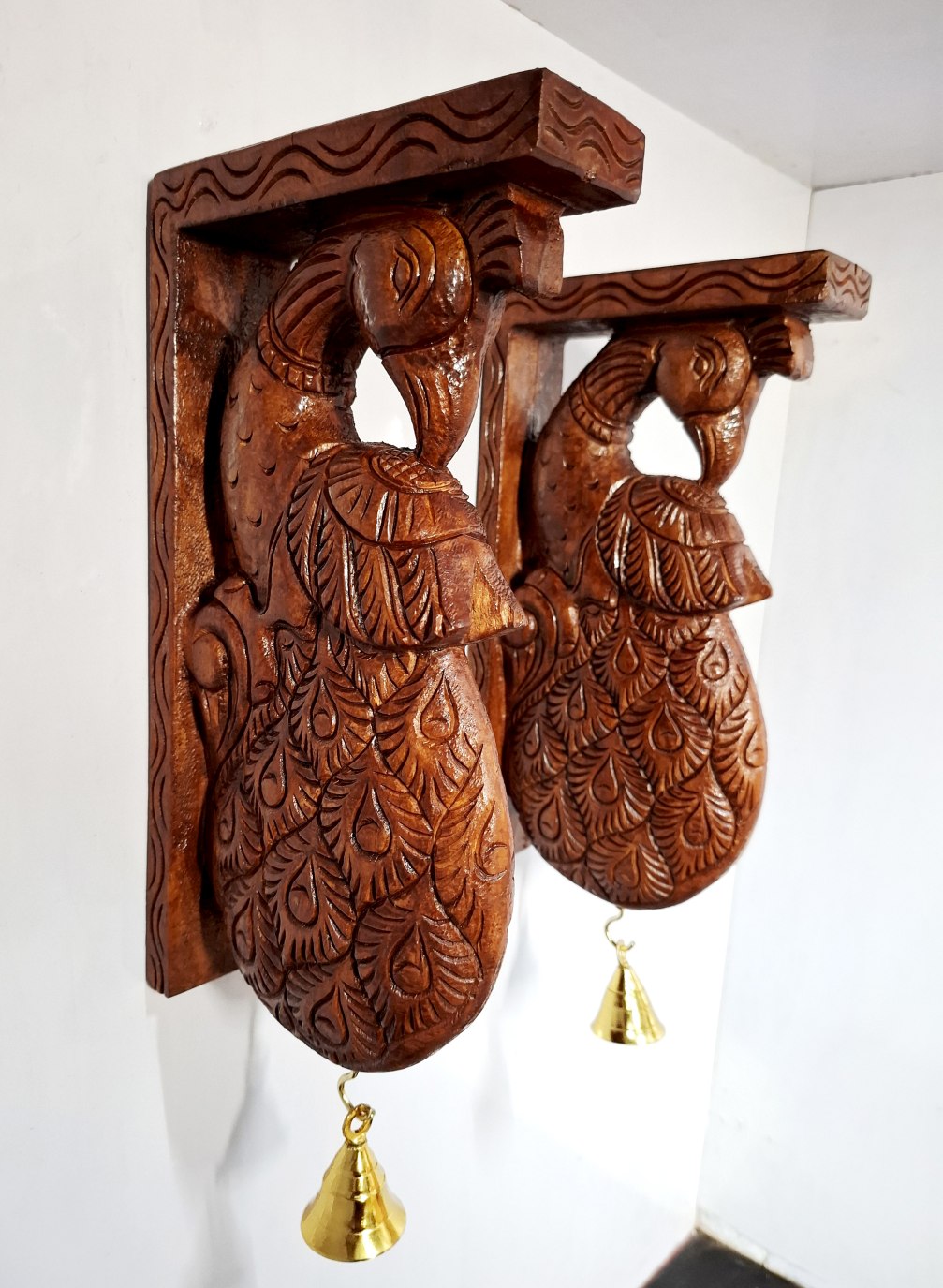 Handcrafted Wooden Peacock Wall Bracket Pair | 12 Inch Brown Finish Solid Wood with Brass Bells | Traditional Indian Wall Hanging for Pooja Room & Living Room