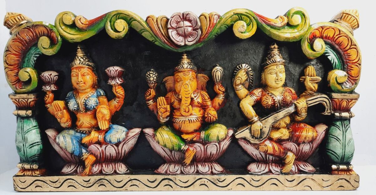 Wooden Ganesha Lakshmi Saraswathi Wall Panel