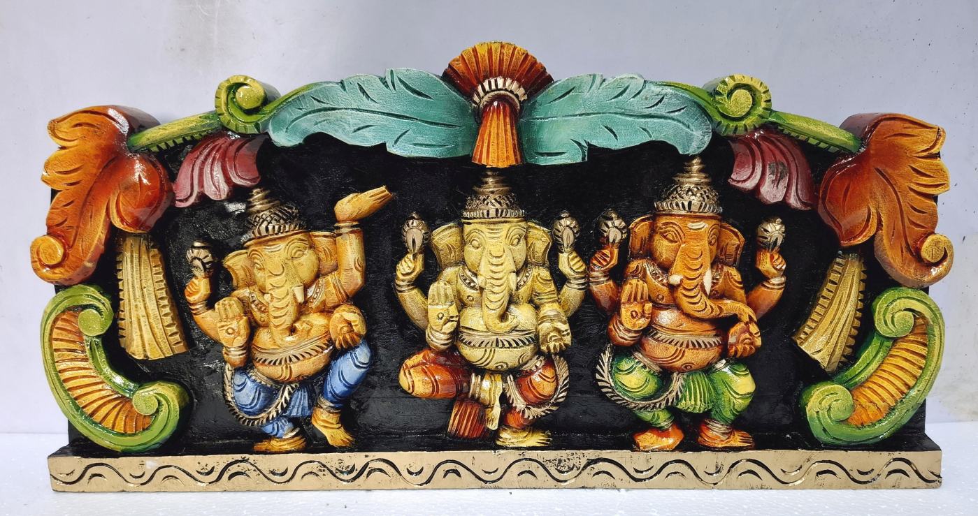 24 Inch Wooden Dancing Ganesha Wall Panel – Hindu Deity Carved Sculpture for Home or Temple Decor