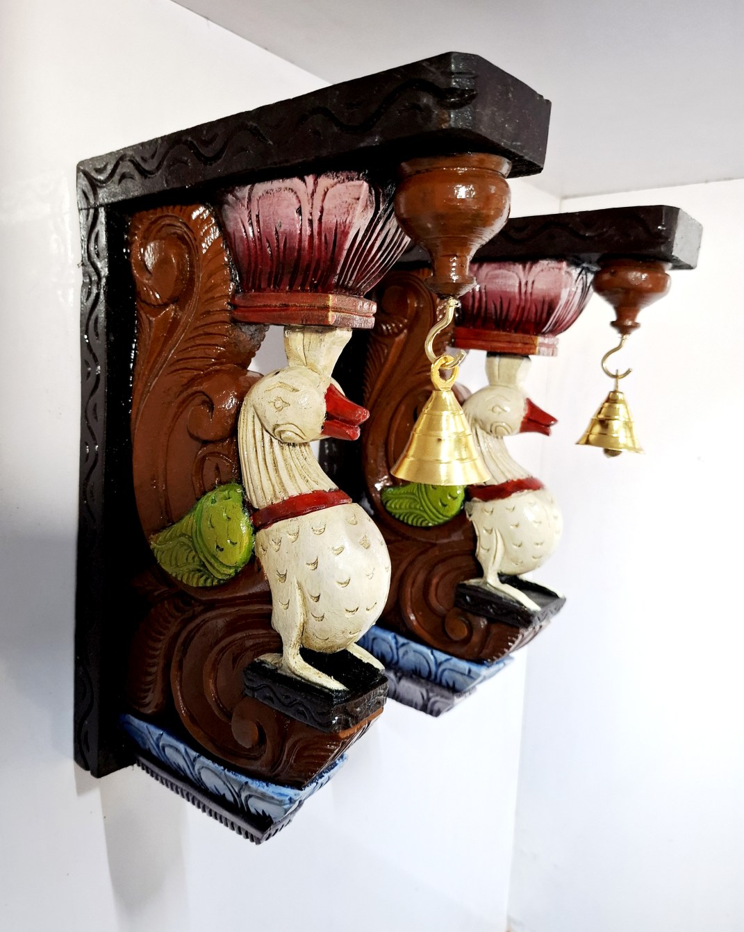 Wooden Peacock Wall Bracket Pair 13.5 Inch Hand Carved Solid Wood Multicolor Finish with Brass Bells for Temple, Home and Pooja Room Décor