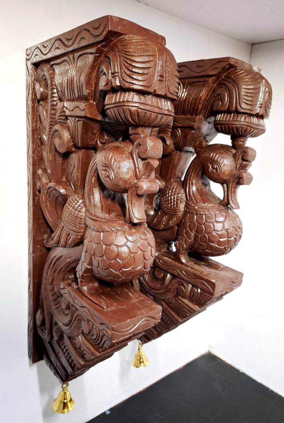 Wooden Peacock Wall Bracket Pair 20 Inch Hand Carved South Indian Bird Corbels with Brass Bells for Pooja Room and Entrance Décor
