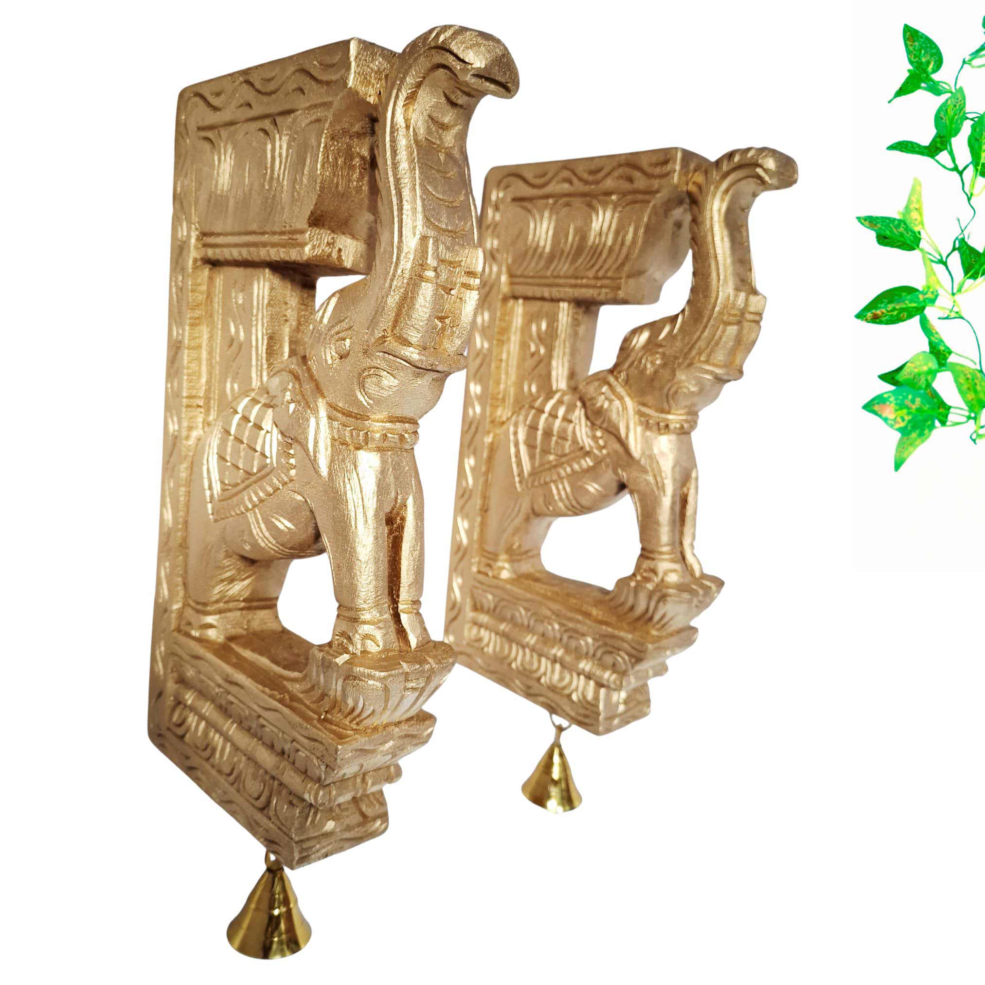 Hand-carved wooden elephant wall bracket pair with brass bells, South Indian pooja room and home wall decor.