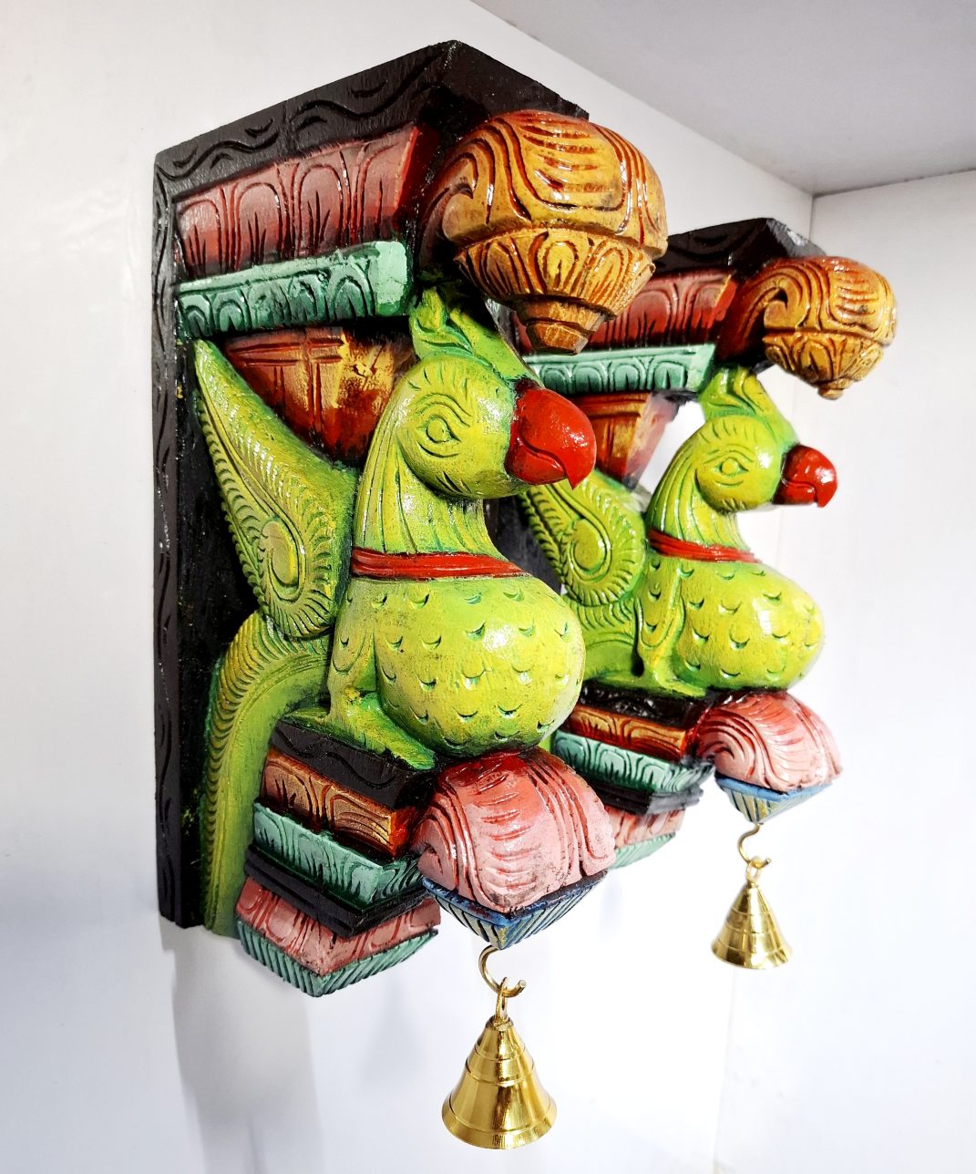 Wooden Wall Bracket Parrot Pair 12 Inch Hand Carved Multicolor Bird Corbels with Brass Bells for Pooja Room and Home Décor