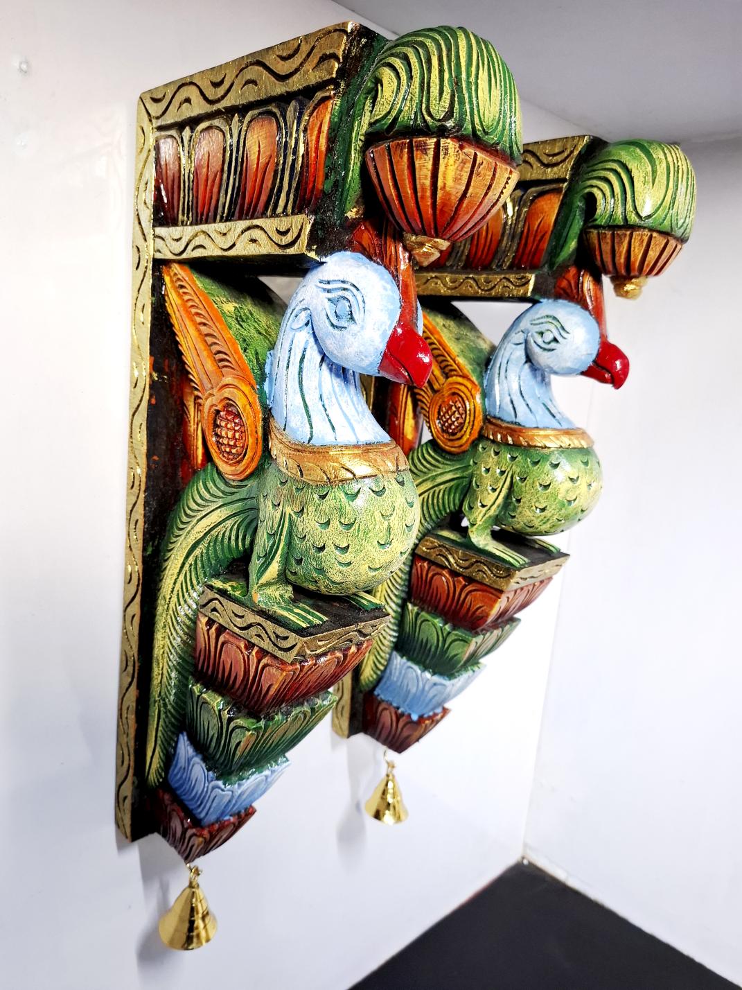 Wooden Peacock Wall Bracket Pair 18 Inch Hand Carved Solid Wood Multicolor Finish with Brass Bells for Pooja Room, Entrance and Home Décor