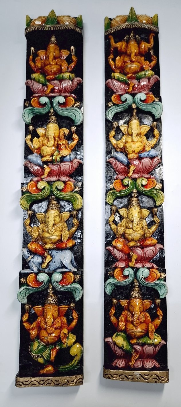 36 Inch Hand-Carved Wooden Ganesh Wall Hanging Panel Pair – Vertical Ganesha Sculptures for Temple or Home Decor