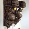 Beautifully hand-carved 18-inch wooden peacock wall brackets (2 pc set) from JLine Arts, with an antique/vintage finish and genuine brass bells. Perfect decorative corbels for entranceways or living room walls, ready to ship