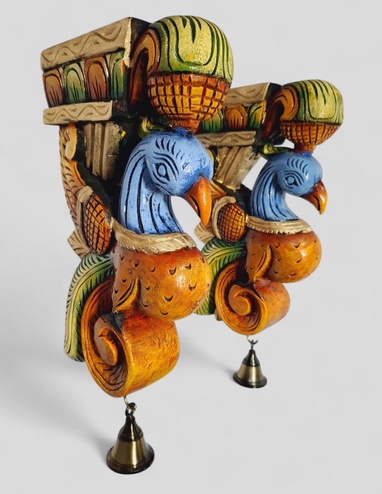 Set of 2 wooden peacock wall corbels with brass bells – 12 inch multicolor Indian handmade door and entrance décor.
