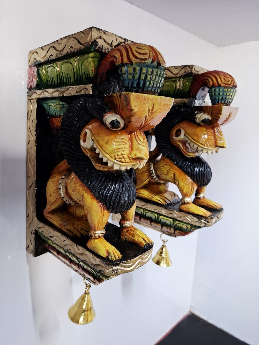 Wooden Yali Wall Bracket Pair 12 Inch Hand Carved Multicolor Yazhi Corbels with Brass Bells for Temple Entrance and Pooja Room Décor