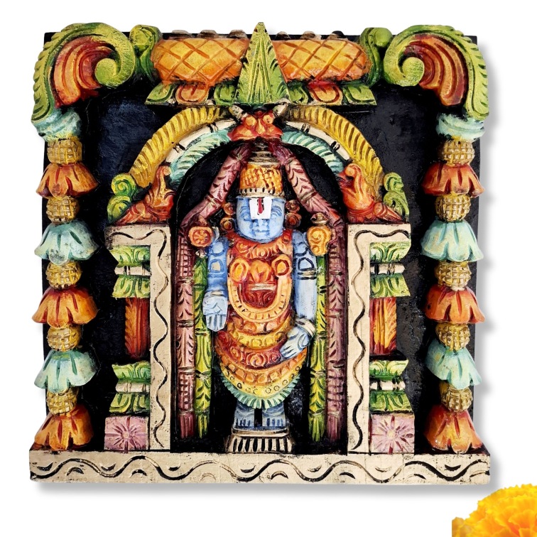 Hand-carved wooden Tirupati Balaji wall panel depicting Lord Venkateshwara in traditional South Indian temple carving, ideal for pooja room and home décor.