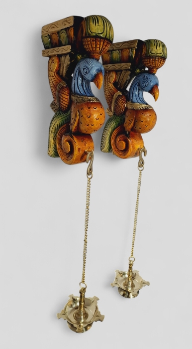 Hand-carved wooden peacock corbel wall bracket pair with brass diyas – Indian traditional decor (set of 2)