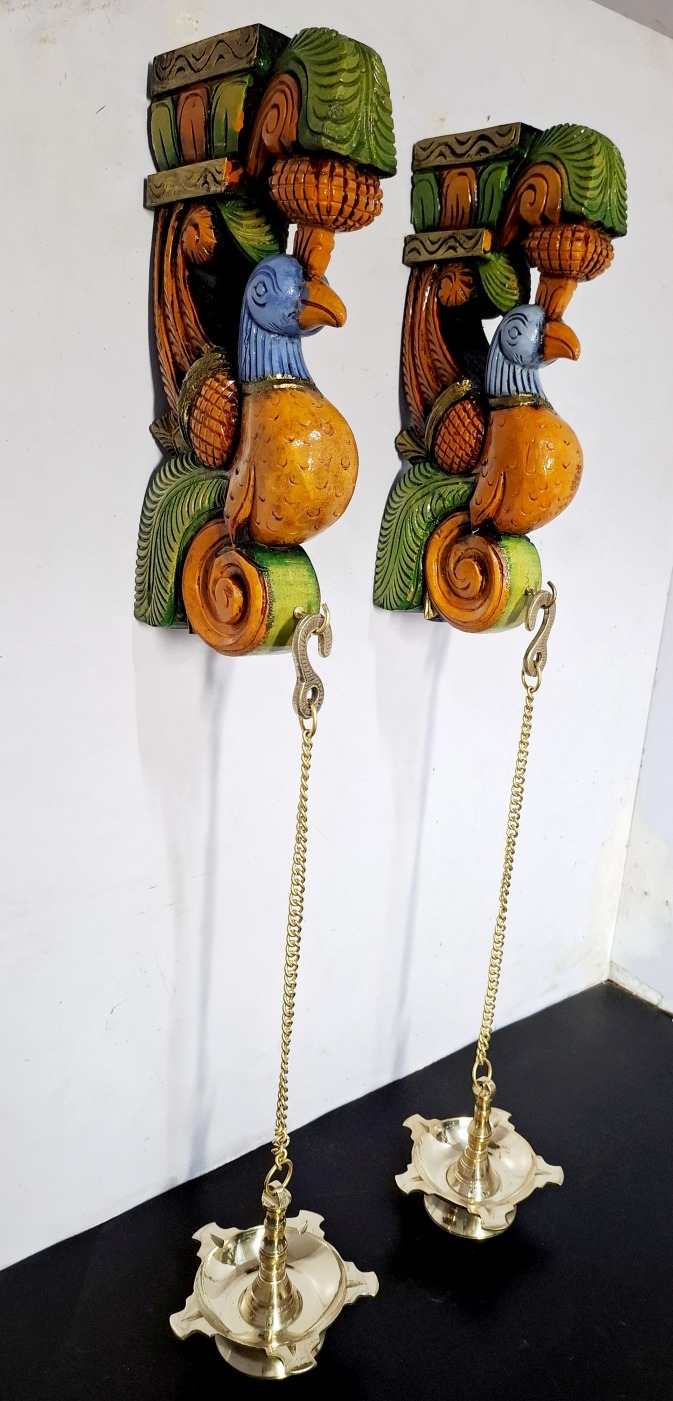 Wooden Peacock Corbel with Brass Diya