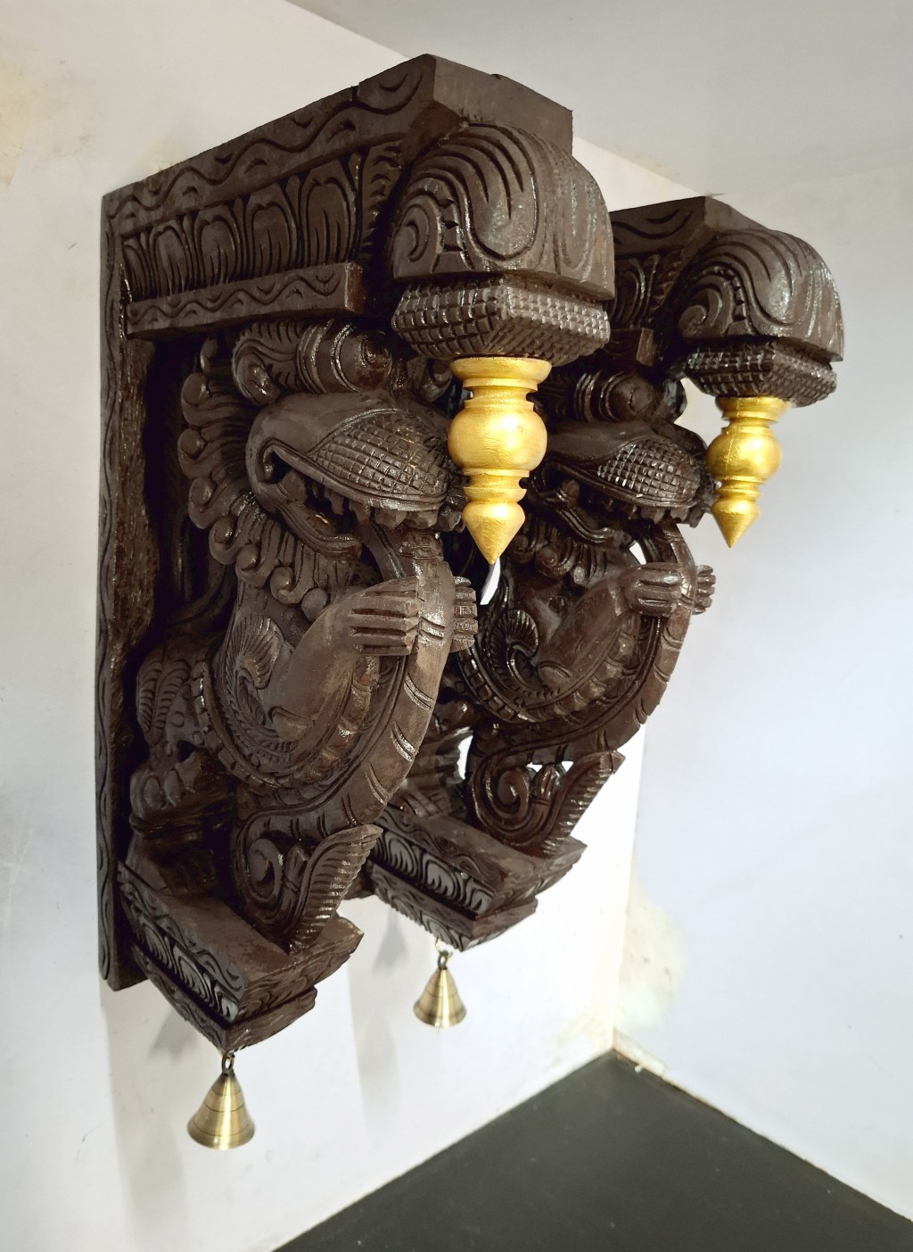 Beautifully hand-carved 18-inch wooden Yali (Yaazhi) wall brackets (2 pc set) from JLine Arts, featuring an antique finish. These vintage-style corbels are ideal for traditional Indian-inspired door entrance or wall decoration