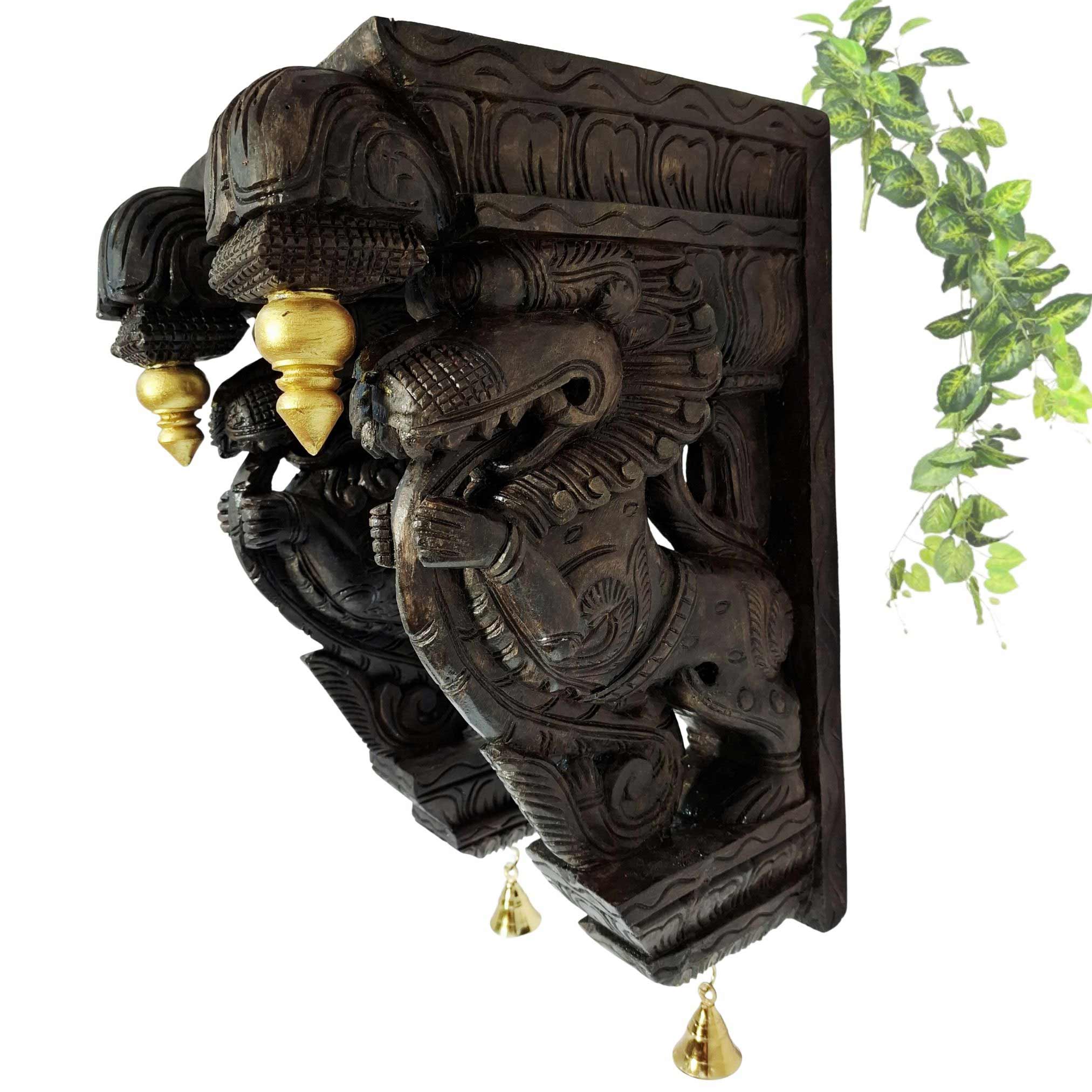 Hand-carved wooden Yali lion wall bracket pair with brass bells, antique South Indian temple decor for entrance and pooja room